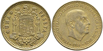 Испания 1 песета 1966 (74) Франсиско Франко (1939-1975) KM 796 алюминиевая бронза 110-1212