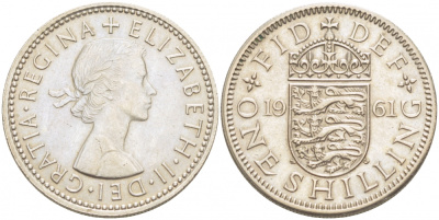 Великобритания 1 шиллинг 1961 Елизавета II (1952-2022), Английский герб KM 904, Spink 4147 медно-никель 77-333