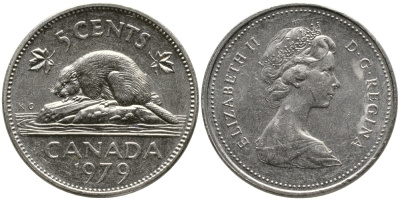 КАНАДА 5 ЦЕНТОВ 1979 ЕЛИЗАВЕТА II (1952-), БОБР, ВТОРОЙ ПОРТРЕТ В КОРОНЕ KM 60.2 никель 4543-652