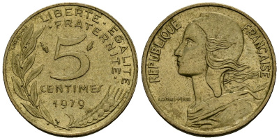 Франция 5 сантимов 1979 тип Marianne KM 933 алюминиевая бронза 4136-442