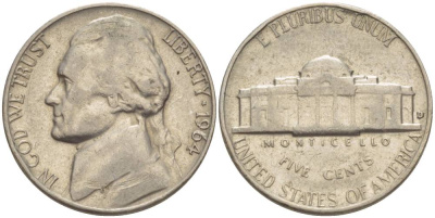 США 5 ЦЕНТОВ 1964 ДЖЕФФЕРСОН KM А192 медно-никель 4544-446