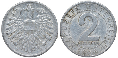 Австрия 2 гроша 1954 KM алюминий 4164-253