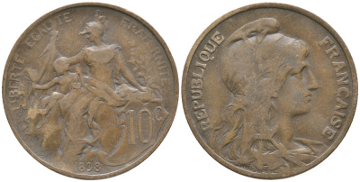 ФРАНЦИЯ 10 САНТИМОВ 1898 ДАНИЭЛЬ ДЮПЮИ KM 843, LA FRANC 136.6 бронза 59-635