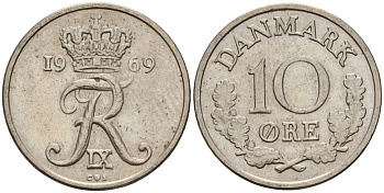 Дания 10 эре 1969 C,S, Фредерик IX (1947-1972) KM 849.1 медно-никель 4189-931