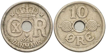 ДАНИЯ 10 ЭРЕ 1924 HCN ; GJ, КРИСТИАН X (1912-1947) KM 822.1 медно-никель 4392-1124