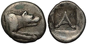 Арголида, Аргос тетробол 330-270 гг. до н.э. голова и передняя часть туловища волка / литера "А", малые литеры "N" И "I" в квадратном углублении, 2,46 гр BCD Peloponnesos 1076 серебро 1073-11-87