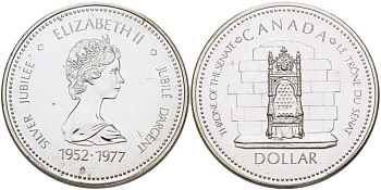 Канада 1 доллар 1977 25 лет вступлению на престол Королевы Елизаветы II KM 118 серебро UNC 02-263-43