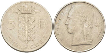 БЕЛЬГИЯ 5 ФРАНКОВ 1966 BELGIQUE, БОДУЭН I (1951-1993) KM 134.1 медно-никель 213-554