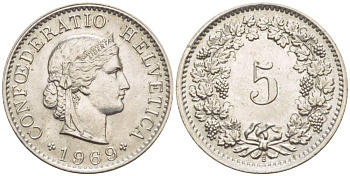 ШВЕЙЦАРИЯ 5 РАППЕНОВ 1969 В KM 26 медно-никель 4532-958