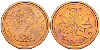 КАНАДА 1 ЦЕНТ 1984 КЛЕНОВЫЙ ЛИСТ, ЕЛИЗАВЕТА II (1953-) KM 132 бронза 39-934