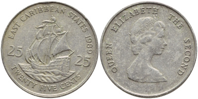 Восточно-Карибские штаты 25 центов 1989 Елизавета II (1952-2022), парусник KM 14 медно-никель 86-956