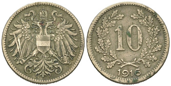 Австрия 10 геллеров 1916 Австрийский флаг на щите KM 2825 медь цинк никель 192-316