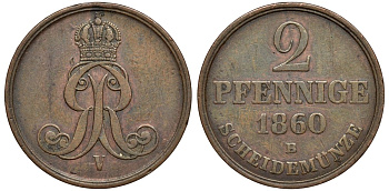Брауншвейг-Каленберг-Ганновер 2 пфеннига 1860 B, Георг V (1851-1866) KM 234,aKS 153, J. 91 медь 4142-326