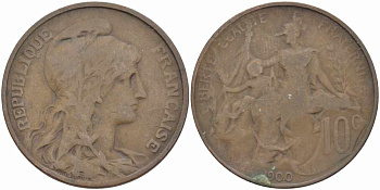 ФРАНЦИЯ 10 САНТИМОВ 1900 ТИП ДАНИЭЛЬ ДЮПЮИ KM 843, LA FRANC 136.9 бронза 109-141