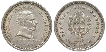 Уругвай 25 сентесимо 1960 KM 40 медно-никель 4576-255