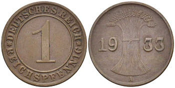 ГЕРМАНИЯ 1 РЕЙХСПФЕННИГ 1933 A KM 37, J. 313, Weege 2 бронза 211-122