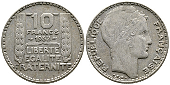 Франция 10 франков 1932 Пьер Тюрен KM 878, Le Franc 360.5 серебро 79-1536
