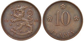 Финляндия 10 пенни 1938 KM 24 медь 51-3043