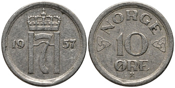 Норвегия 10 эре 1957 Хокон VII KM 396 медно-никель 206-319