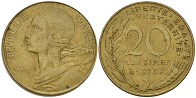 Франция 20 сантимов 1978 тип Marianne KM 930 алюминиевая бронза 4393-347