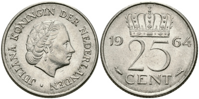 НИДЕРЛАНДЫ 25 ЦЕНТОВ 1964 ЮЛИАНА KM 183 никель 96-156