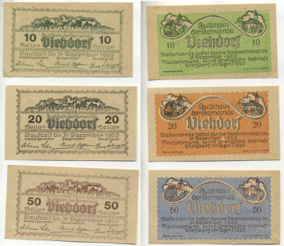 АВСТРИЯ НАБОР ИЗ 3 БАНКНОТ 1920 17 МАРТА 1920, НОТГЕЛЬД, 10, 20, 50 ГЕЛЛЕРОВ, VOCKLABRUCK бумага XF 6280-25-3