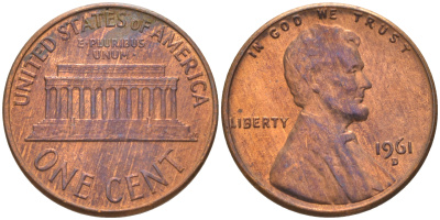 США 1 цент 1961 D, Авраам Линкольн KM 201 медь цинк 187-1142