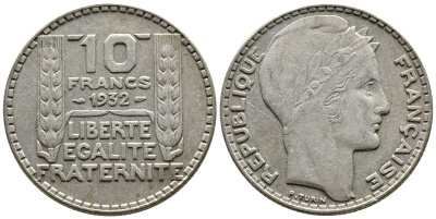 Франция 10 франков 1932 Пьер Тюрен KM 878, Le Franc 360.5 серебро 79-1536