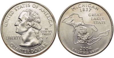 США 25 центов = квотер 2004 P, серия штаты США, Мичиган KM 355 медь плакированная медно-никелем UNC M50-03