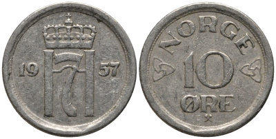 Норвегия 10 эре 1957 Хокон VII KM 396 медно-никель 206-319