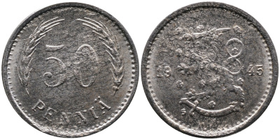 ФИНЛЯНДИЯ 50 ПЕННИ 1945 S KM 26b железо 4387-517