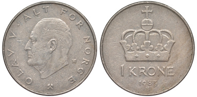Норвегия 1 крона 1983 Олаф V KM 419 медно-никель 25-2215