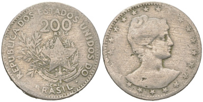 Бразилия 200 реалов 1901 MCMI, голова свободы вправо KM 504 медно-никель 4612-411