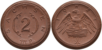 Саксония 2 марки 1921 J. N 56 фарфор 1094-1-21