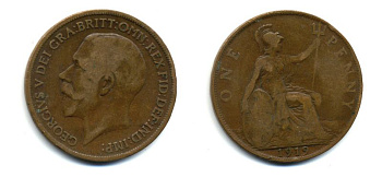 Великобритания 1 пенни 1919 Георг V (1910-1936) КМ 810, Spink 4051 бронза 47-234