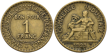 Франция 1 франк 1923 KM 876, Le Franc 218.5 алюминиевая бронза 4142-716