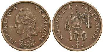 Французская Новая Каледония 100 франков 2000 хижина среди сосен и пальм, (IEOM) KM 15, Schoen 16, Lec 139d никель бронза 97-832