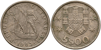 Португалия 5 эскудо 1983 KM 591 медно-никель 4156-553
