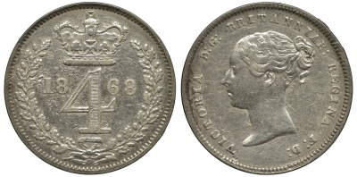 Великобритания 4 пенса 1868 Виктория (1837-1901) KM 732, Spink 3917 серебро 00-00