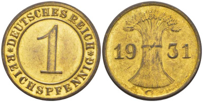 ГЕРМАНИЯ 1 РЕЙХСПФЕННИГ 1931 G KM 37, J. 313, Weege 2 бронза 206-833