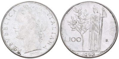 ИТАЛИЯ 100 ЛИР 1992 R, АФИНА, ДИАМЕТР 148 ММ. KM 96.2 нержавеющая сталь 4387-916
