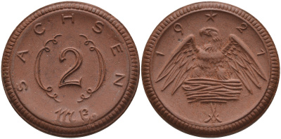 Саксония 2 марки 1921 J. N 56 фарфор 1094-1-21
