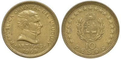 Уругвай 10 песо 1965 KM 48 алюминиевая бронза 81-824