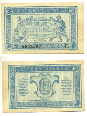 ФРАНЦИЯ 50 САНТИМОВ 1917 СЕРИЯ F, ВЫПУСК ДЛЯ ВОЕННОГО КАЗНАЧЕЙСТВА, ПЕРВАЯ МИРОВАЯ ВОЙНА Pick M1 бумага 3295-104-2-1