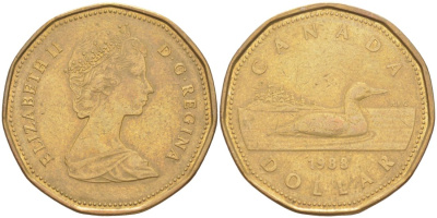 Канада 1 доллар 1988 утка, Елизавета II KM 157 никель плакированный алюминиевой бронзой 63-621