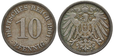 Германия 10 пфеннигов 1901 E KM 12, Jager 13, Weege 8 медно-никель 219-341