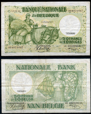 Бельгия 50 франков = 10 бельгас 1942 13 января 1942, сельская женщина на коне Pick 106 (3)  бумага   6352-27-3-2