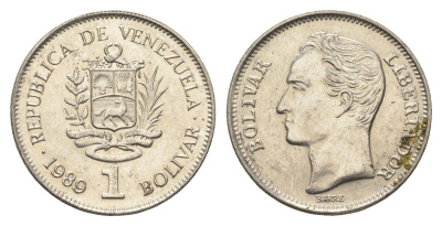 Венесуэла 1 боливар 1989 Симон Боливар, толстый шрифт Y 52a.2 сталь плакированная никелем 4662-854