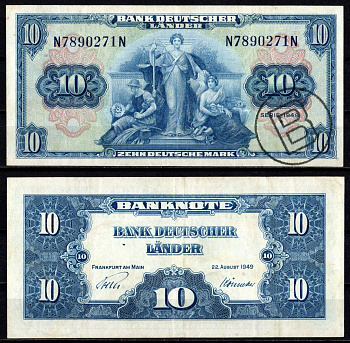 ФРГ 10 марок 1949 штамп «В» в круге Pick 16 b бумага 451-1108-3