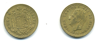 ИСПАНИЯ 1 ПЕСЕТА 1975 (77) ХУАН КАРЛОС I (1975-) КМ 806 алюминиевая бронза 177-125